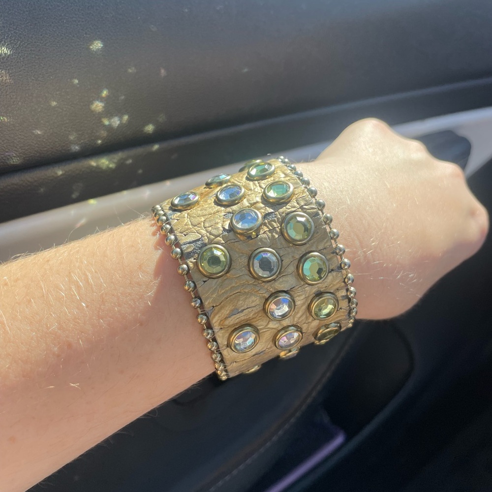 Embellished Metallic Wide Cuff leather Bracelet - Gold with Iridescent Stones